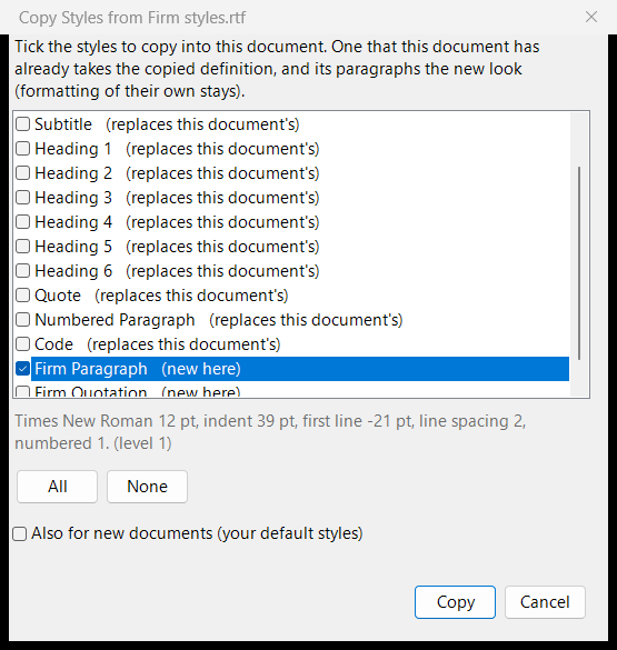 Copy Styles from Document: a firm's styles listed, each marked new here or replacing this document's, Firm Paragraph ticked, its settings shown below the list