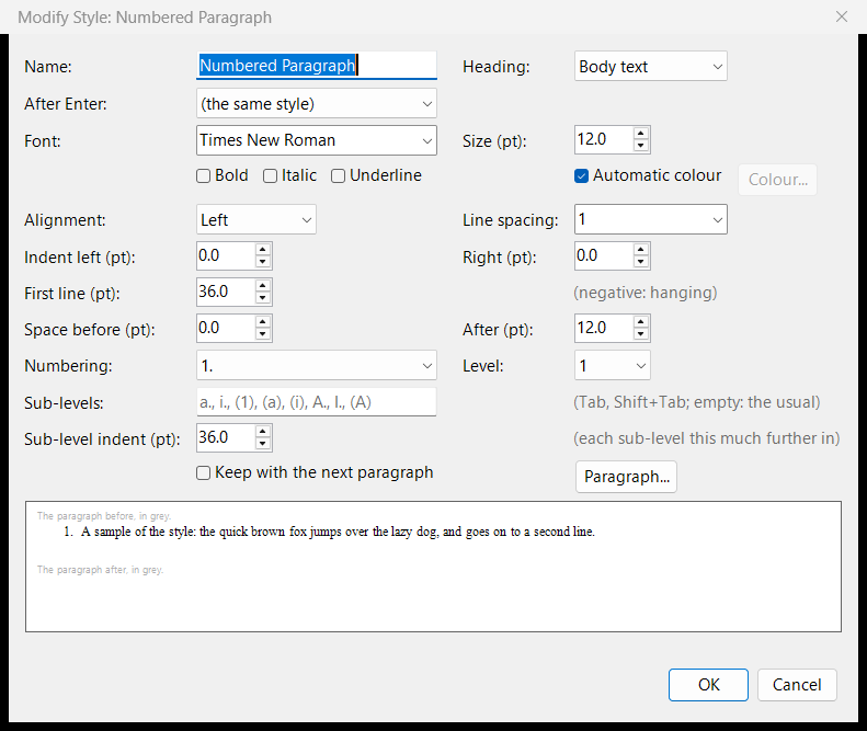 Modify Style for Numbered Paragraph: name, font, alignment, indents, spacing, numbering 1. at level 1, sub-levels and sub-level indent, and a preview