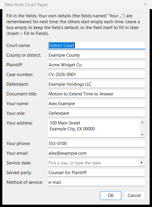 The Court Paper template's fields filled in: court, county, parties, case number, document title, your name, role, address, phone and e-mail, service date, served party and method of service